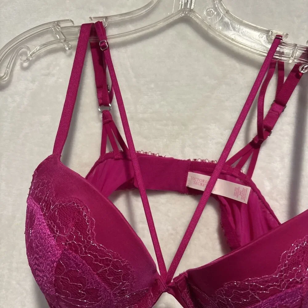Victoria's Secret Bra Women's 34D Pink Very Sexy Push Up Lace Floral Underwire